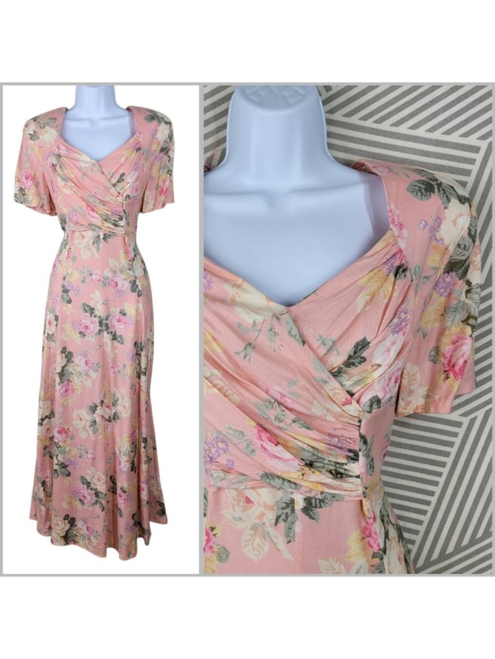 Vintage 80s Wrap Top Dress Size 12 14 Large Maxi Floral Rose Long Princess Party